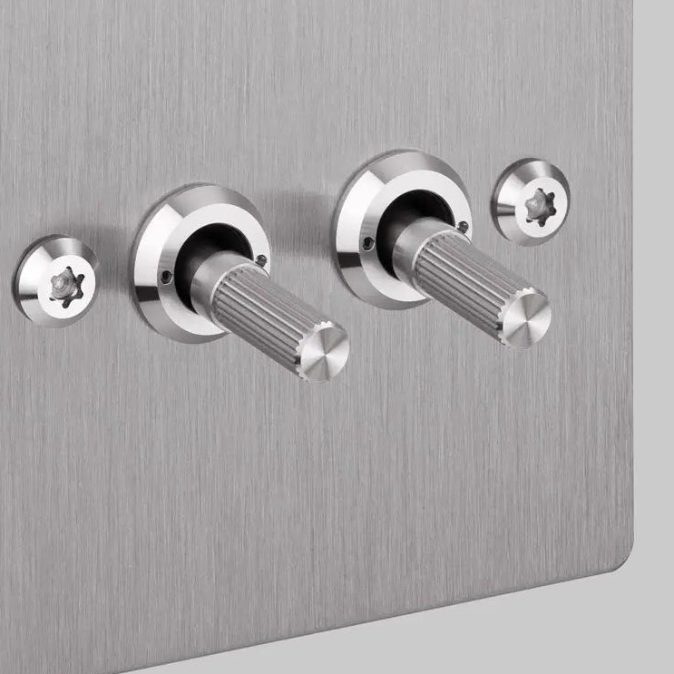 Two Gang 2 Way Light Switch in Steel with Linear Knurled Toggles
