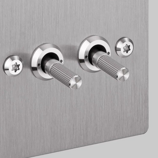 Two Gang 2 Way Light Switch in Steel with Linear Knurled Toggles