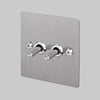 Two Gang 2 Way Light Switch in Steel with Linear Knurled Toggles