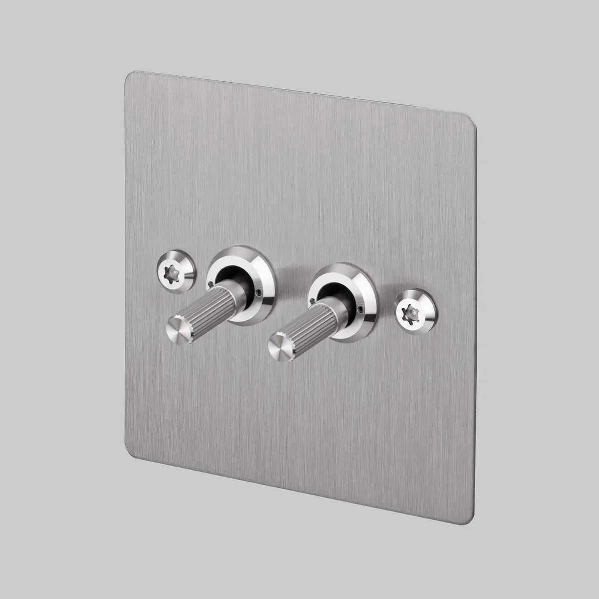 Two Gang 2 Way Light Switch in Steel with Linear Knurled Toggles