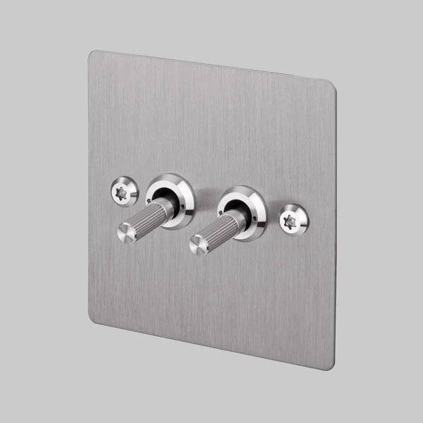 Two Gang 2 Way Light Switch in Steel with Linear Knurled Toggles
