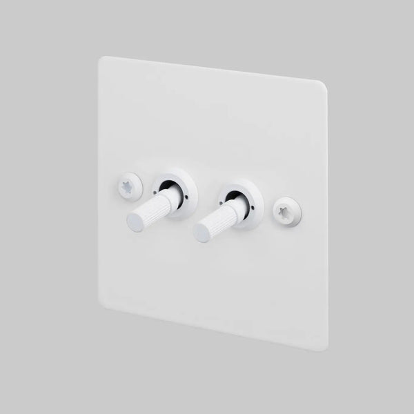 Two Gang 2 Way Light Switch in White with Linear Knurled Toggles