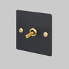 One Gang 2 Way Light Switch in Black with Brass Linear Knurled Toggle