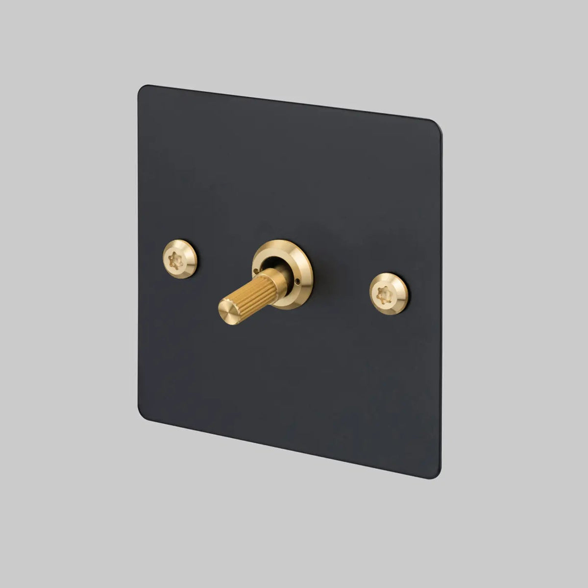 One Gang 2 Way Light Switch in Black with Brass Linear Knurled Toggle