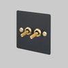 Two Gang 2 Way Light Switch in Black with Brass Linear Knurled Toggles