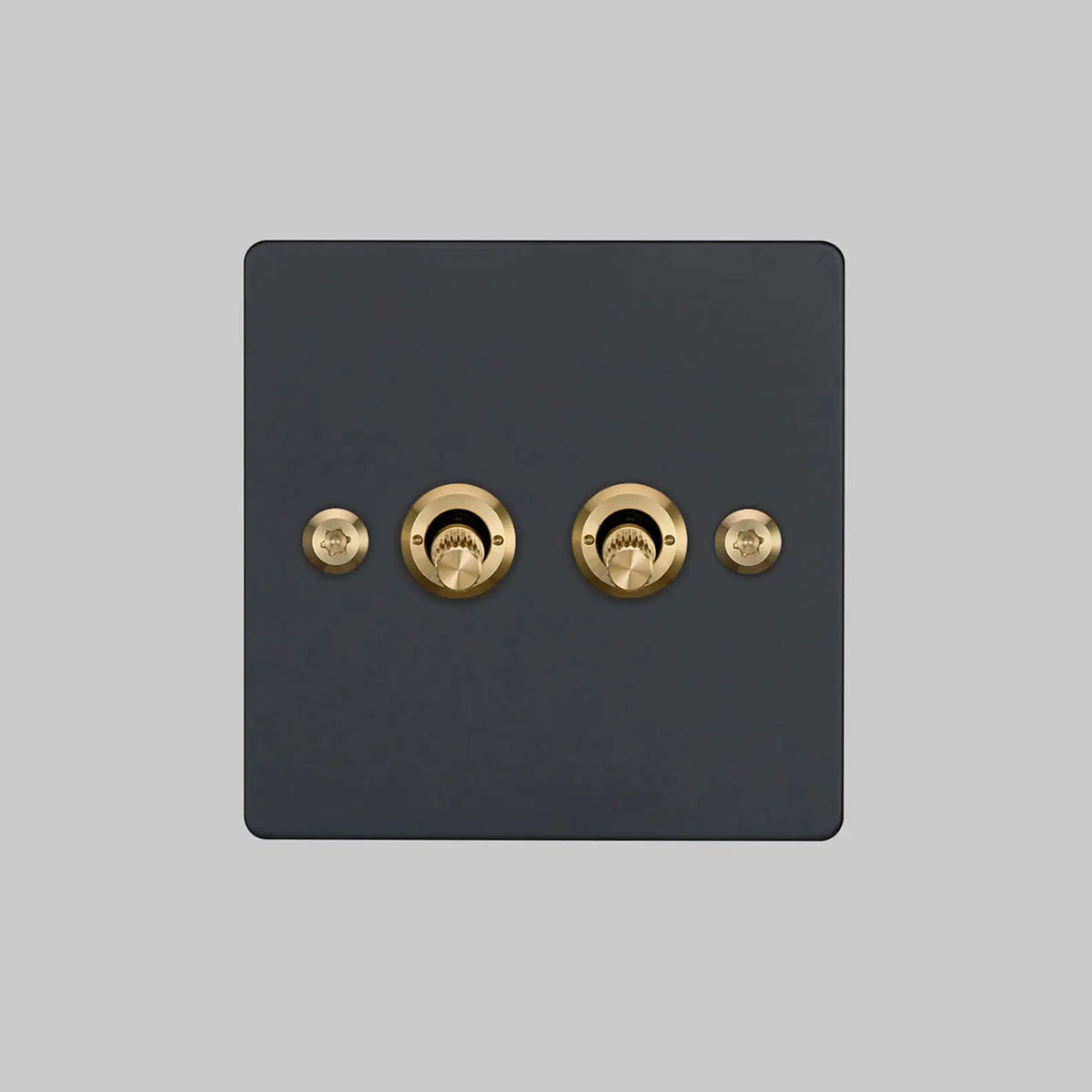 Buster and Punch two gang two way light switch in black with brass linear knurled toggles
