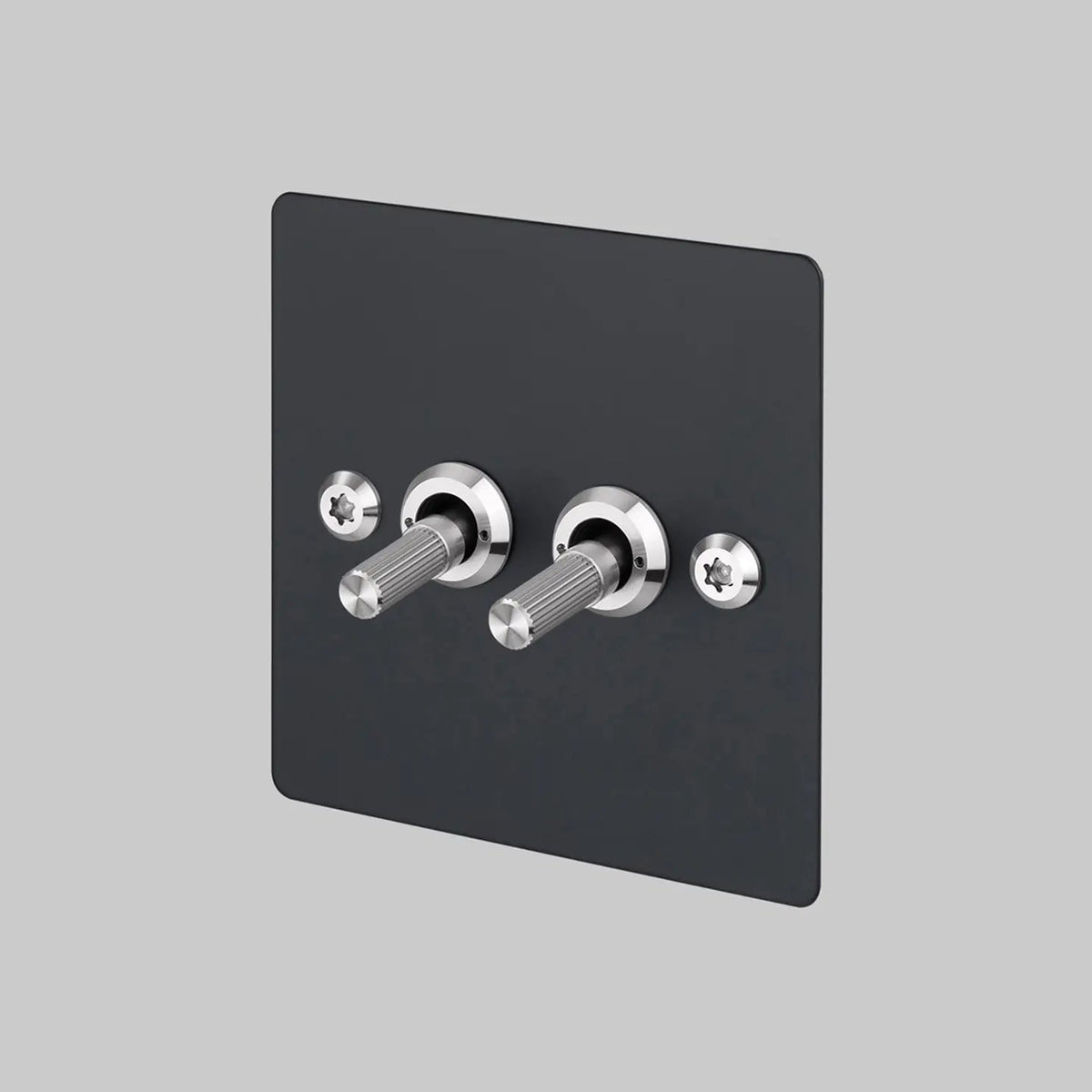 Two Gang 2 Way Light Switch in Black with Steel Linear Knurled Toggles