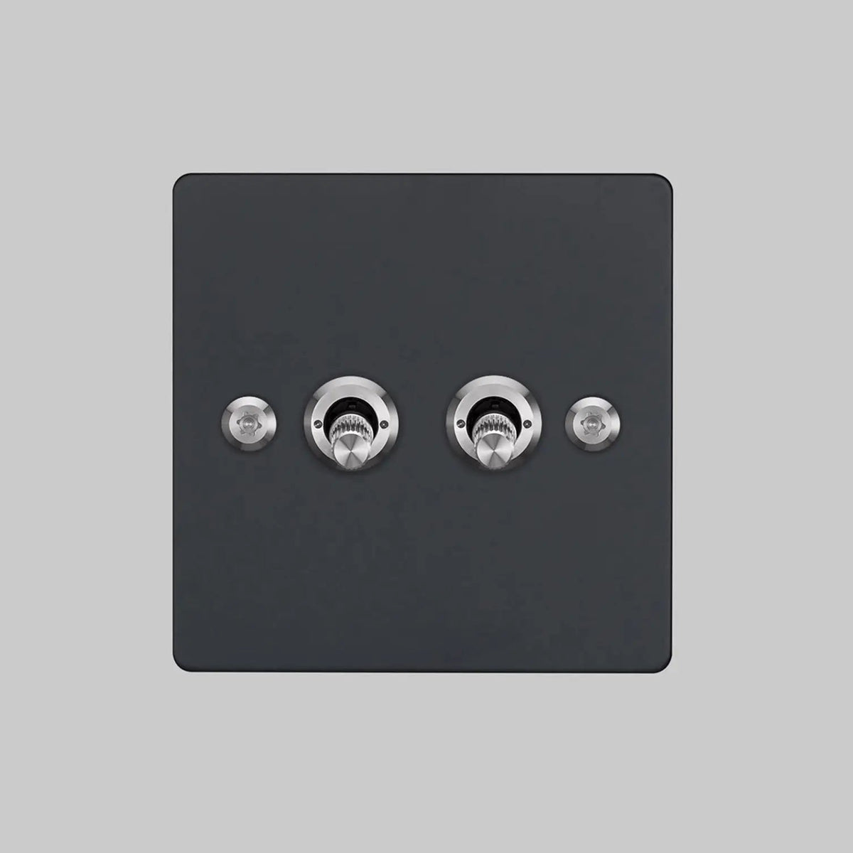 Two Gang 2 Way Light Switch in Black with Steel Linear Knurled Toggles