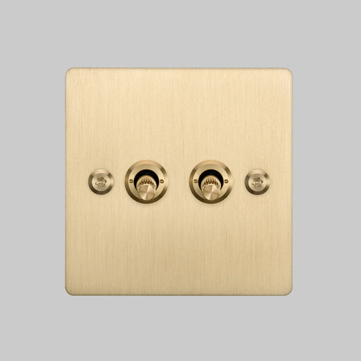 Two Gang 2 Way Light Switch in Brass with Linear Knurled Toggles