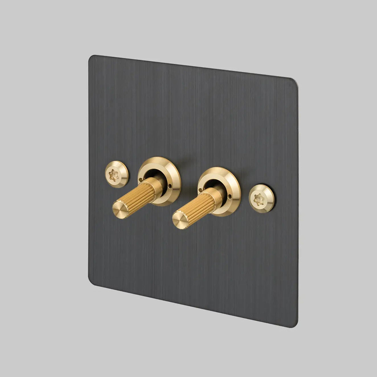Two Gang 2 Way Light Switch in Smoked Bronze with Brass Linear Knurled Toggles