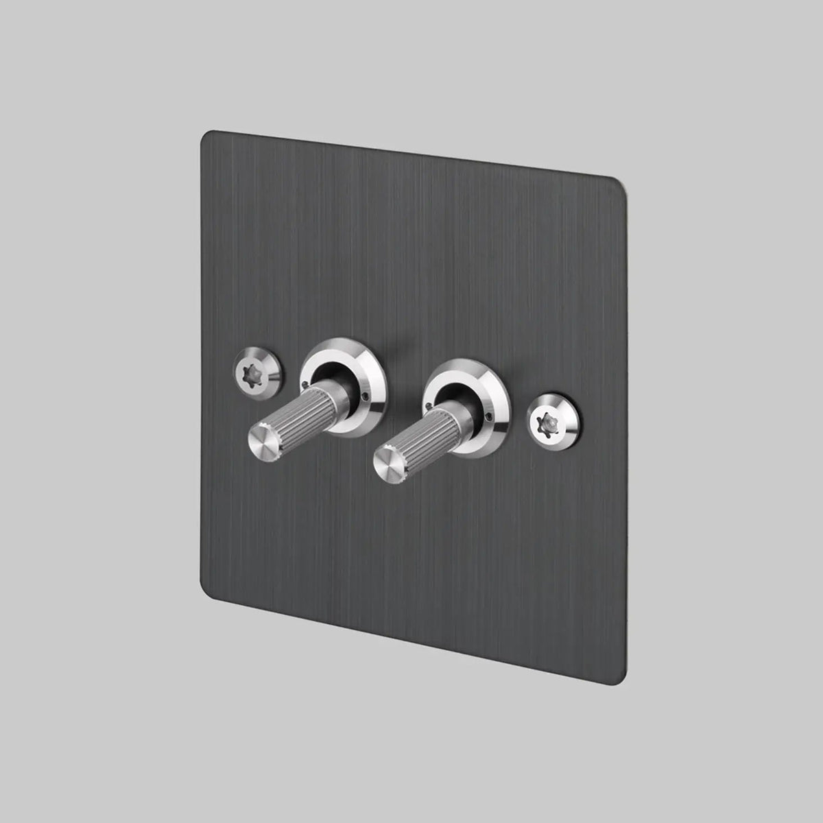 Buster and Punch two gang two way light switch in smoked bronze with steel linear knurled toggles