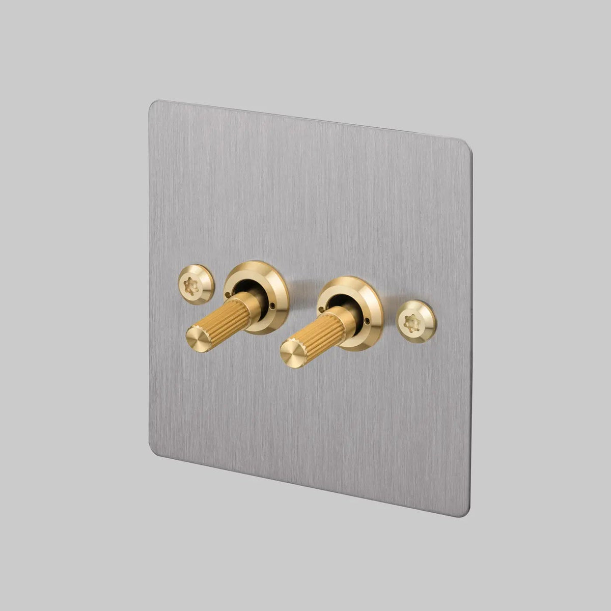 Two Gang 2 Way Light Switch in Steel with Brass Linear Knurled Toggles