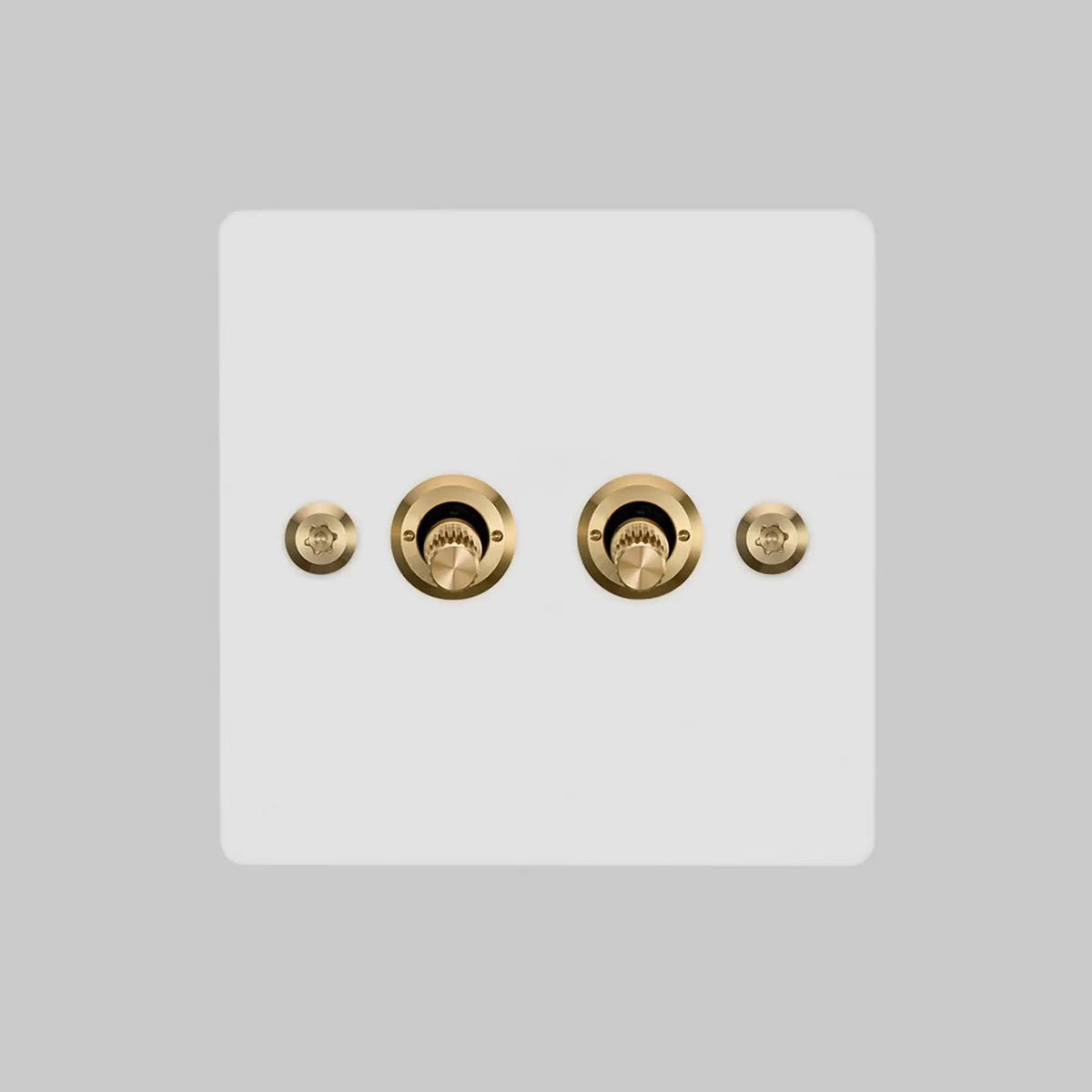 Two Gang 2 Way Light Switch in White with Brass Linear Knurled Toggles
