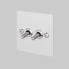 Two Gang 2 Way Light Switch in White with Steel Linear Knurled Toggles