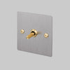 One Gang 2 Way Light Switch in Steel with Brass Linear Knurled Toggle