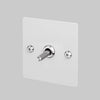 One Gang 2 Way Light Switch in White with Steel Linear Knurled Toggle