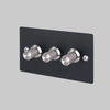 Three Gang 2 Way Dimmer Light Switch in Black with Steel Linear Knurled Knobs