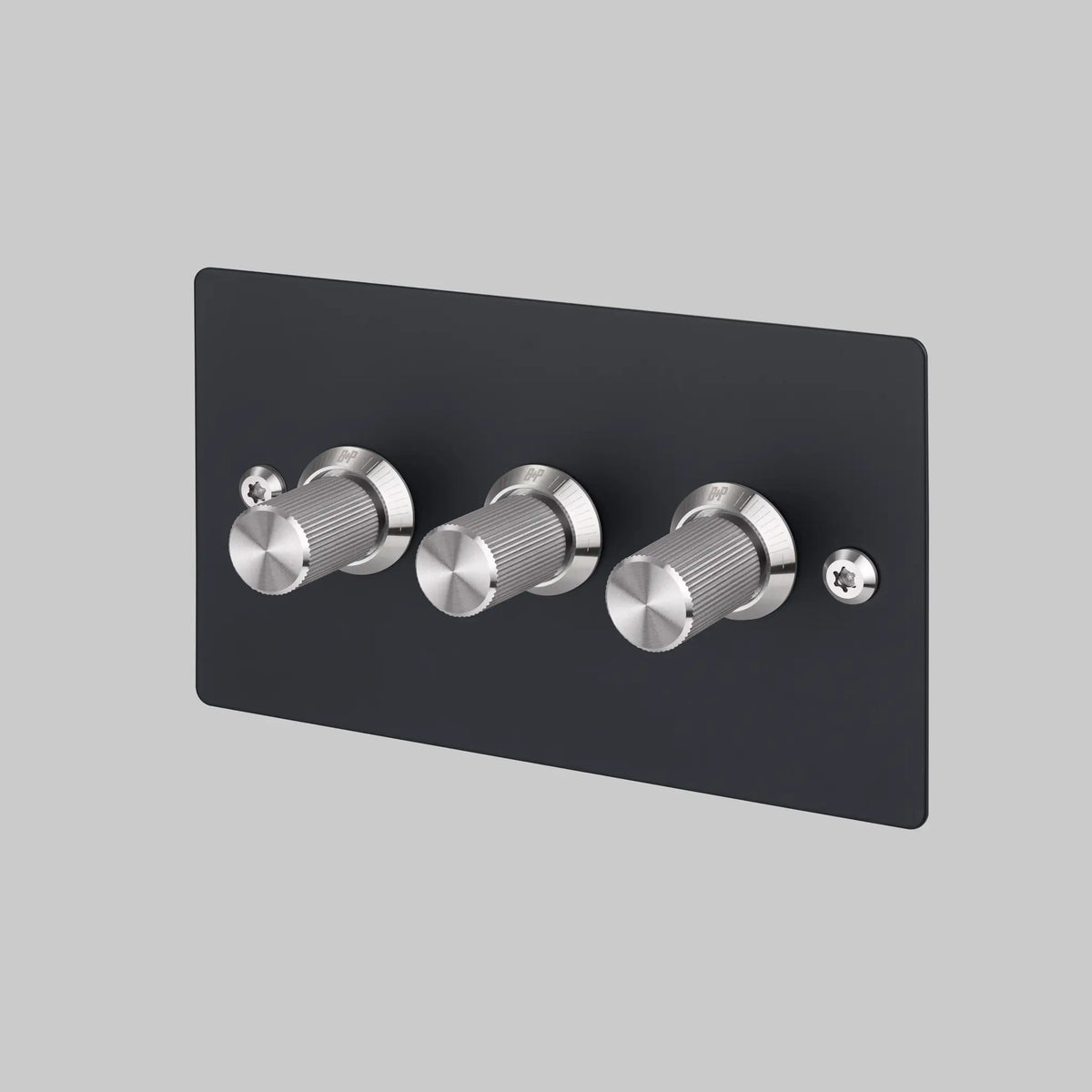 Three Gang 2 Way Dimmer Light Switch in Black with Steel Linear Knurled Knobs