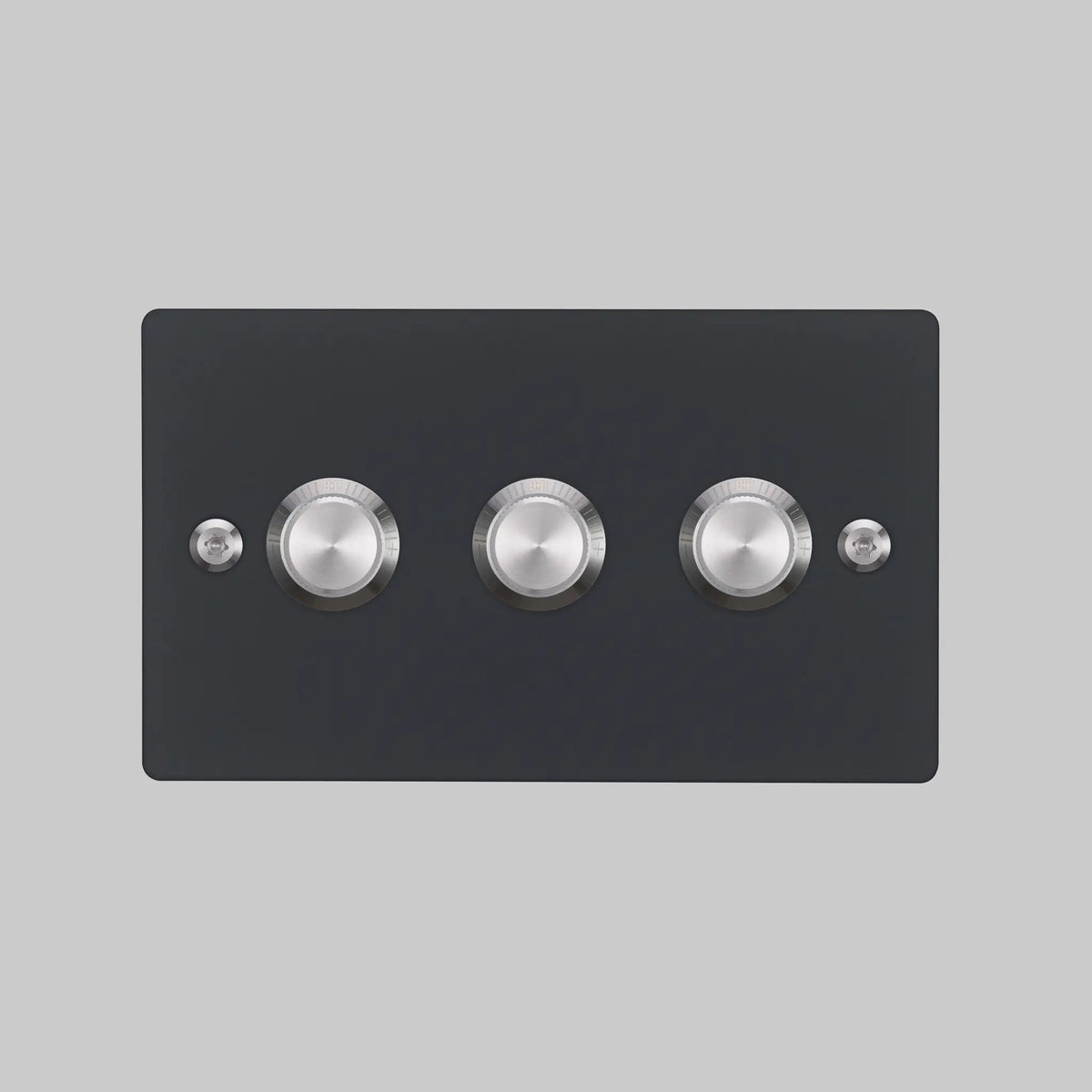 Three Gang 2 Way Dimmer Light Switch in Black with Steel Linear Knurled Knobs