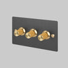 Three Gang 2 Way Dimmer Light Switch in Smoked Bronze with Brass Linear Knurled Knobs