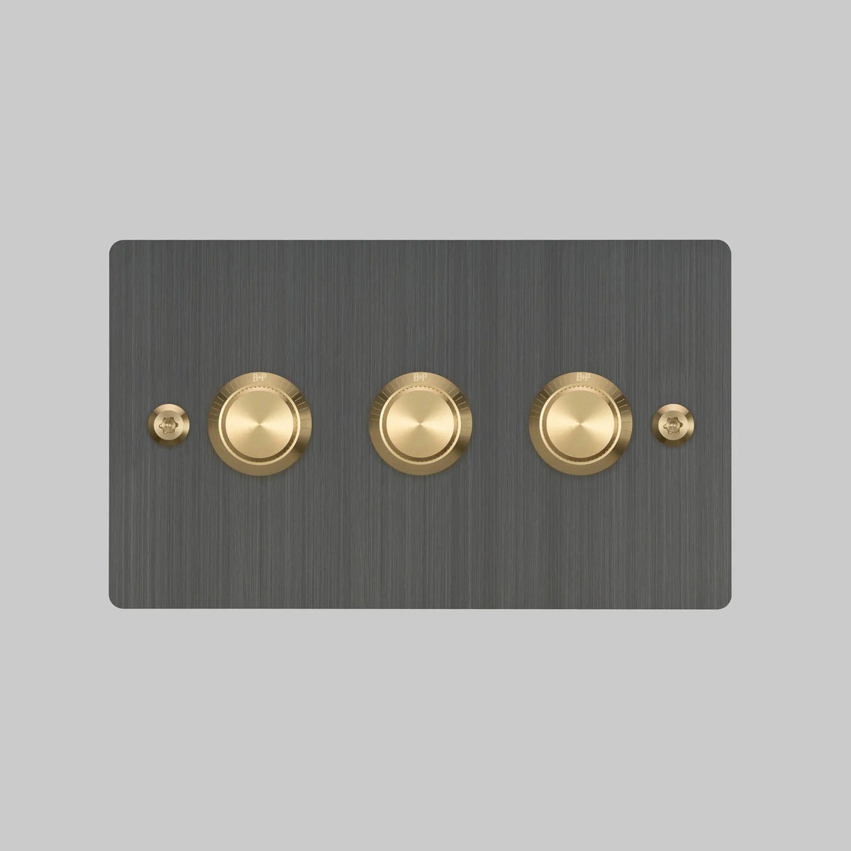 Three Gang 2 Way Dimmer Light Switch in Smoked Bronze with Brass Linear Knurled Knobs