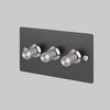Three Gang 2 Way Dimmer Light Switch in Smoked Bronze with Steel Linear Knurled Knobs