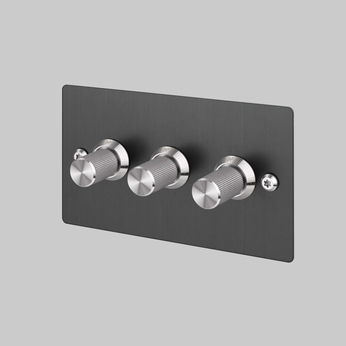 Three Gang 2 Way Dimmer Light Switch in Smoked Bronze with Steel Linear Knurled Knobs