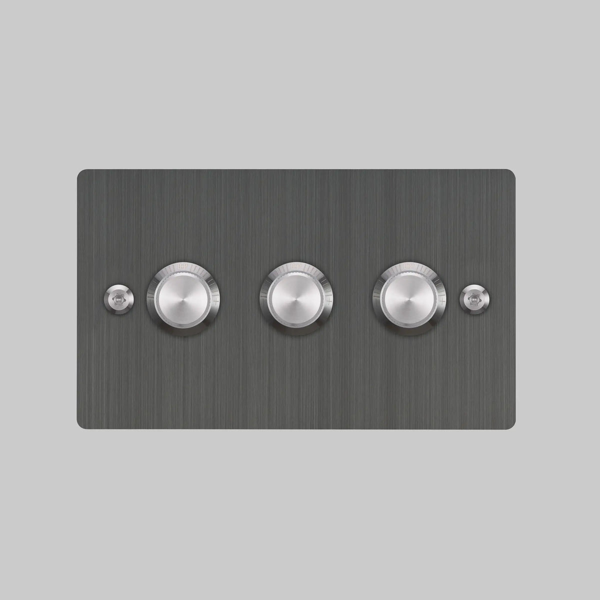 Three Gang 2 Way Dimmer Light Switch in Smoked Bronze with Steel Linear Knurled Knobs