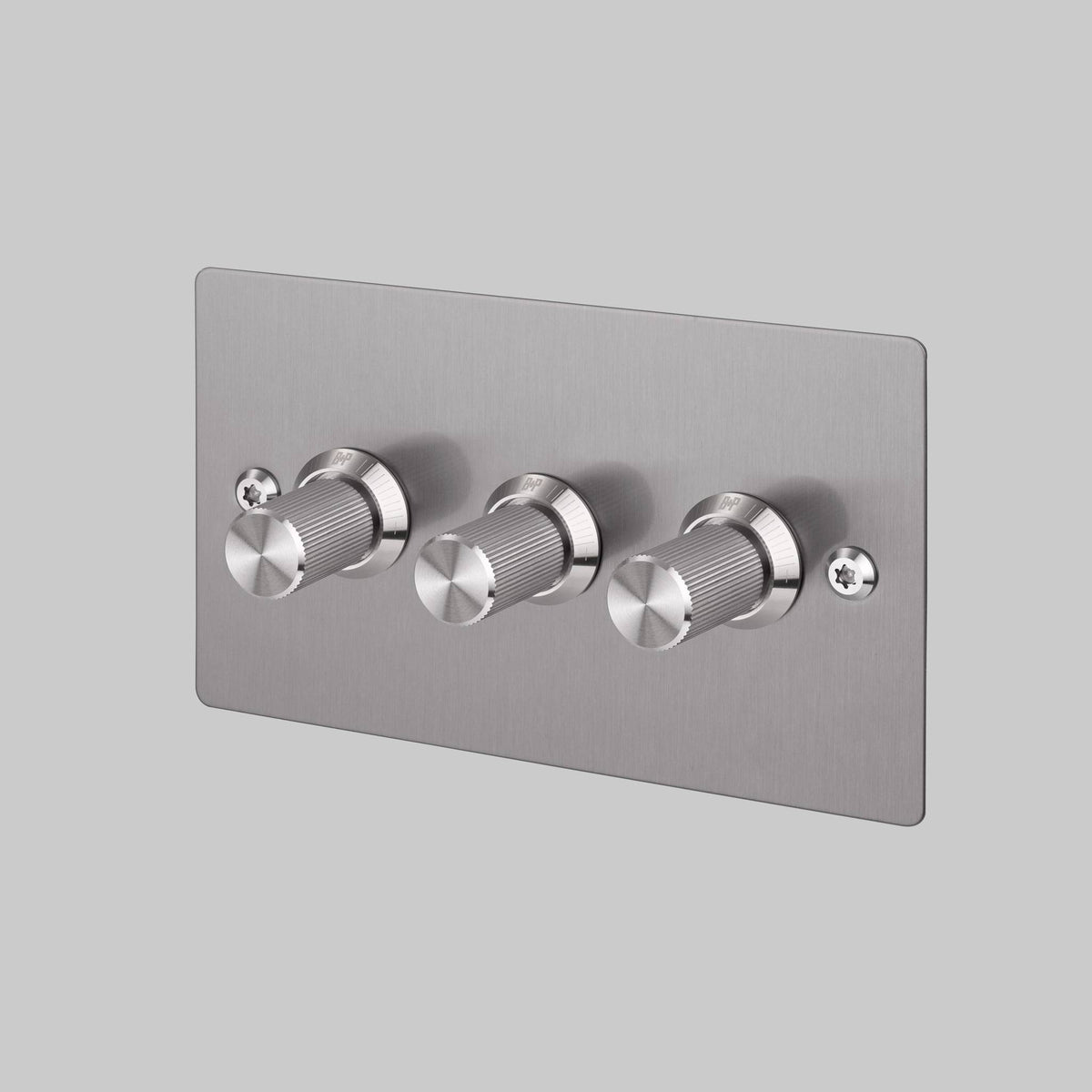 Brushed stainless steel triple dimmer switch with three knurled rotary knobs