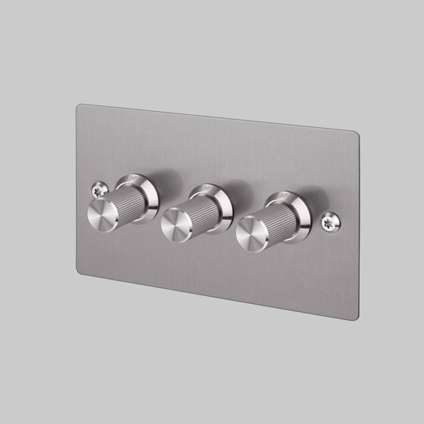 Brushed stainless steel triple dimmer switch with three knurled rotary knobs