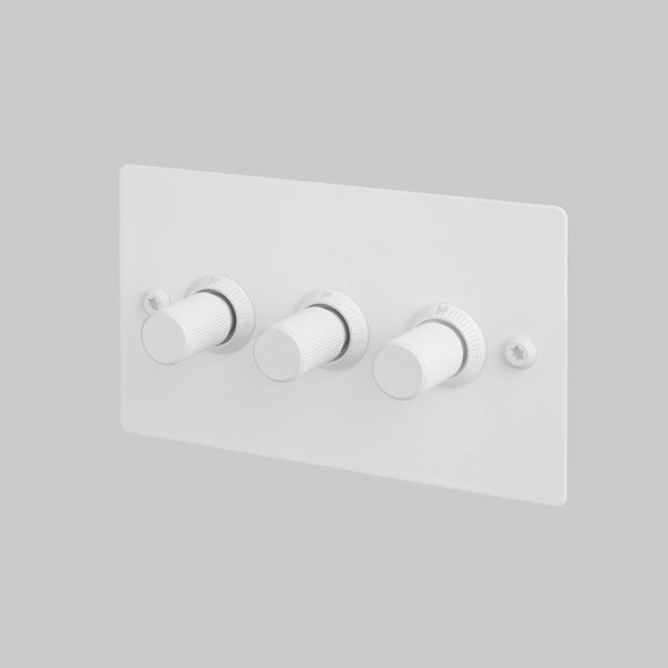 White 3-gang dimmer switch with three rotary knobs and two visible screws