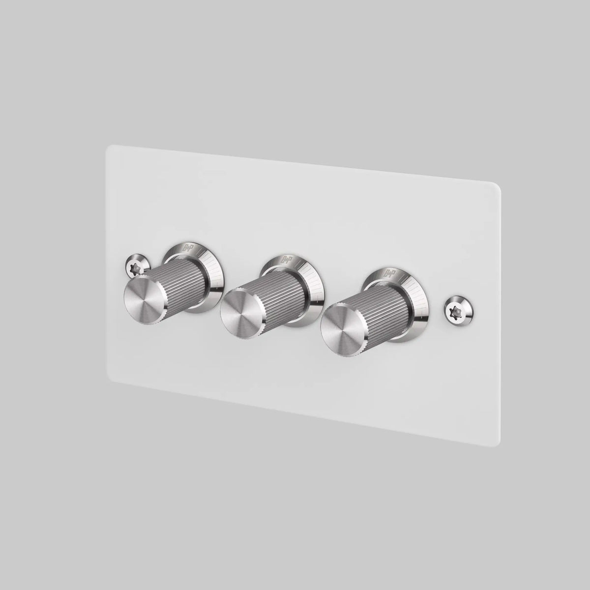 Three Gang 2 Way Dimmer Light Switch in White with Steel Linear Knurled Knobs