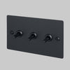 Three Gang 2 Way Light Switch in Black with Linear Knurled Toggles
