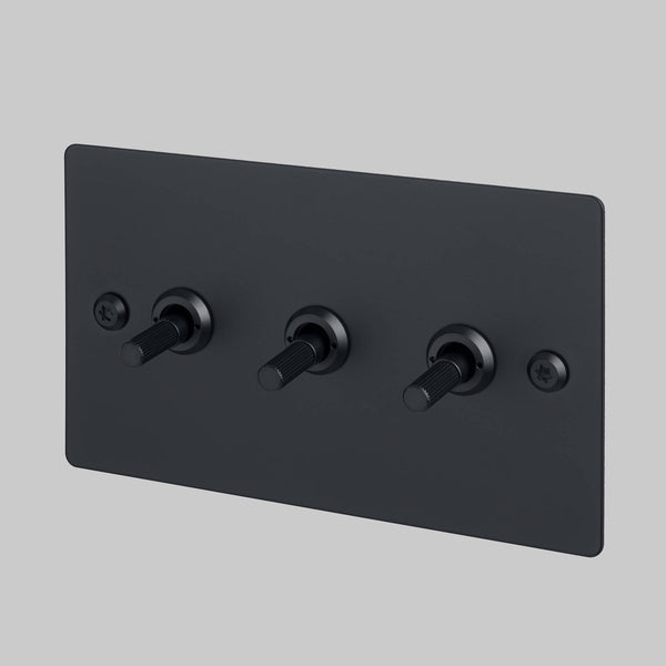 Three Gang 2 Way Light Switch in Black with Linear Knurled Toggles