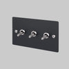 Three Gang 2 Way Light Switch in Black with Steel Linear Knurled Toggles
