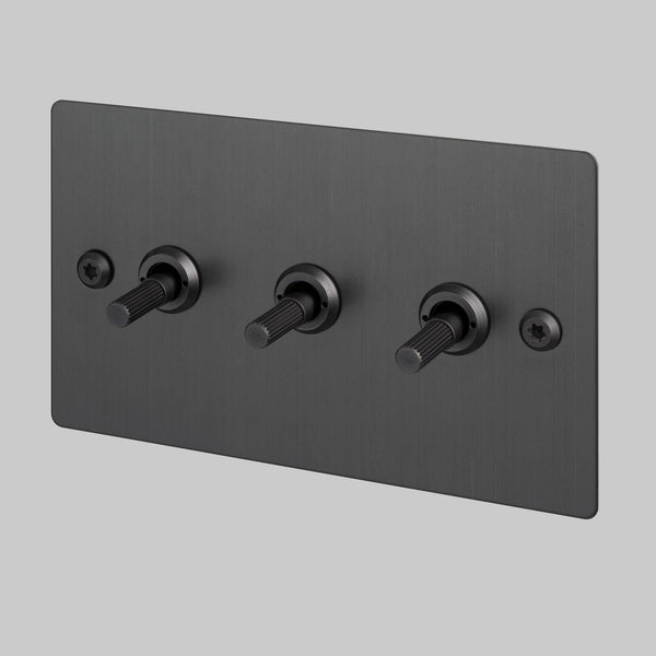 Three Gang 2 Way Light Switch in Smoked Bronze with Linear Knurled Toggles