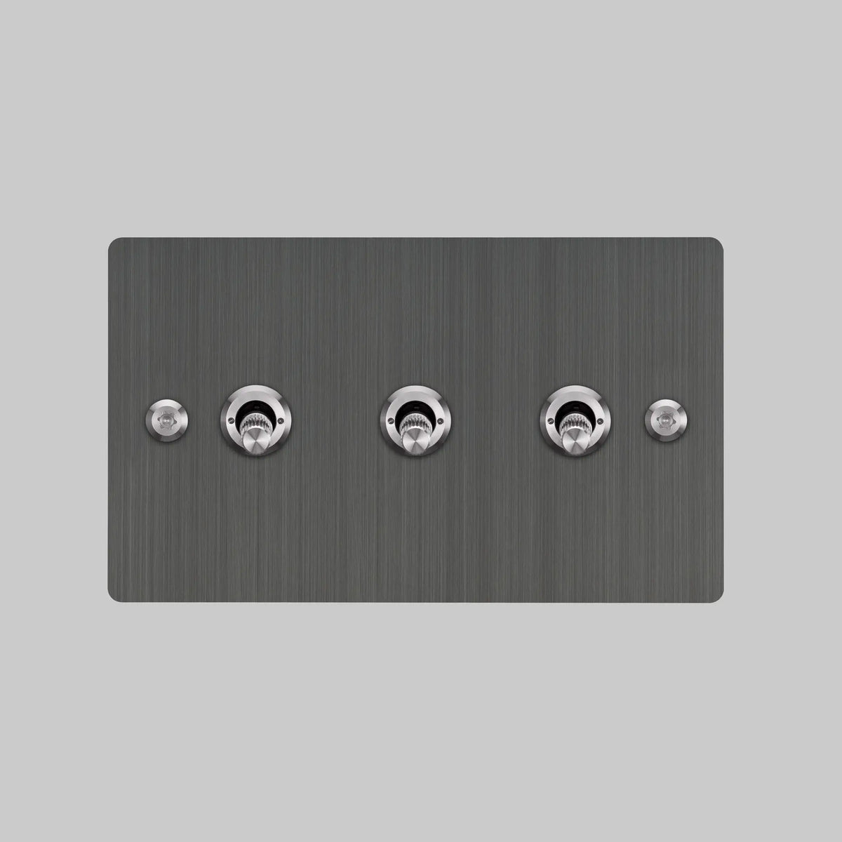 Buster and Punch three gang light switch in smoked bronze with steel linear knurled toggles