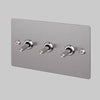 Three Gang 2 Way Light Switch in Steel with Linear Knurled Toggles