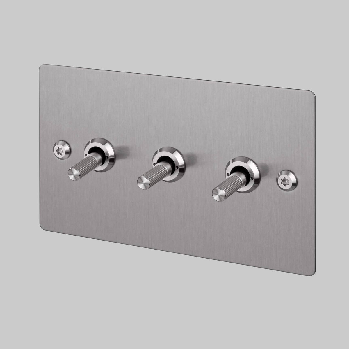 Three Gang 2 Way Light Switch in Steel with Linear Knurled Toggles