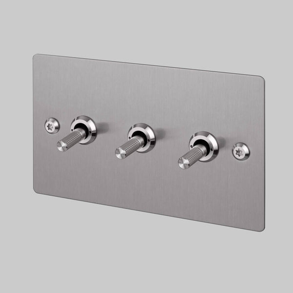 Three Gang 2 Way Light Switch in Steel with Linear Knurled Toggles