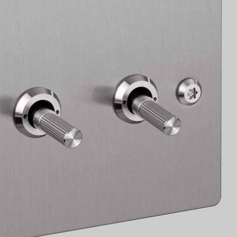 Three Gang 2 Way Light Switch in Steel with Linear Knurled Toggles