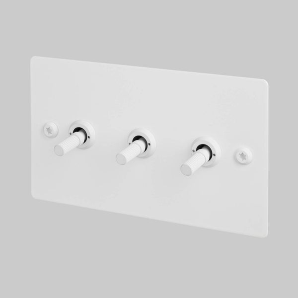 Three Gang 2 Way Light Switch in White with Linear Knurled Toggles