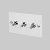 Three Gang 2 Way Light Switch in White with Steel Linear Knurled Toggles
