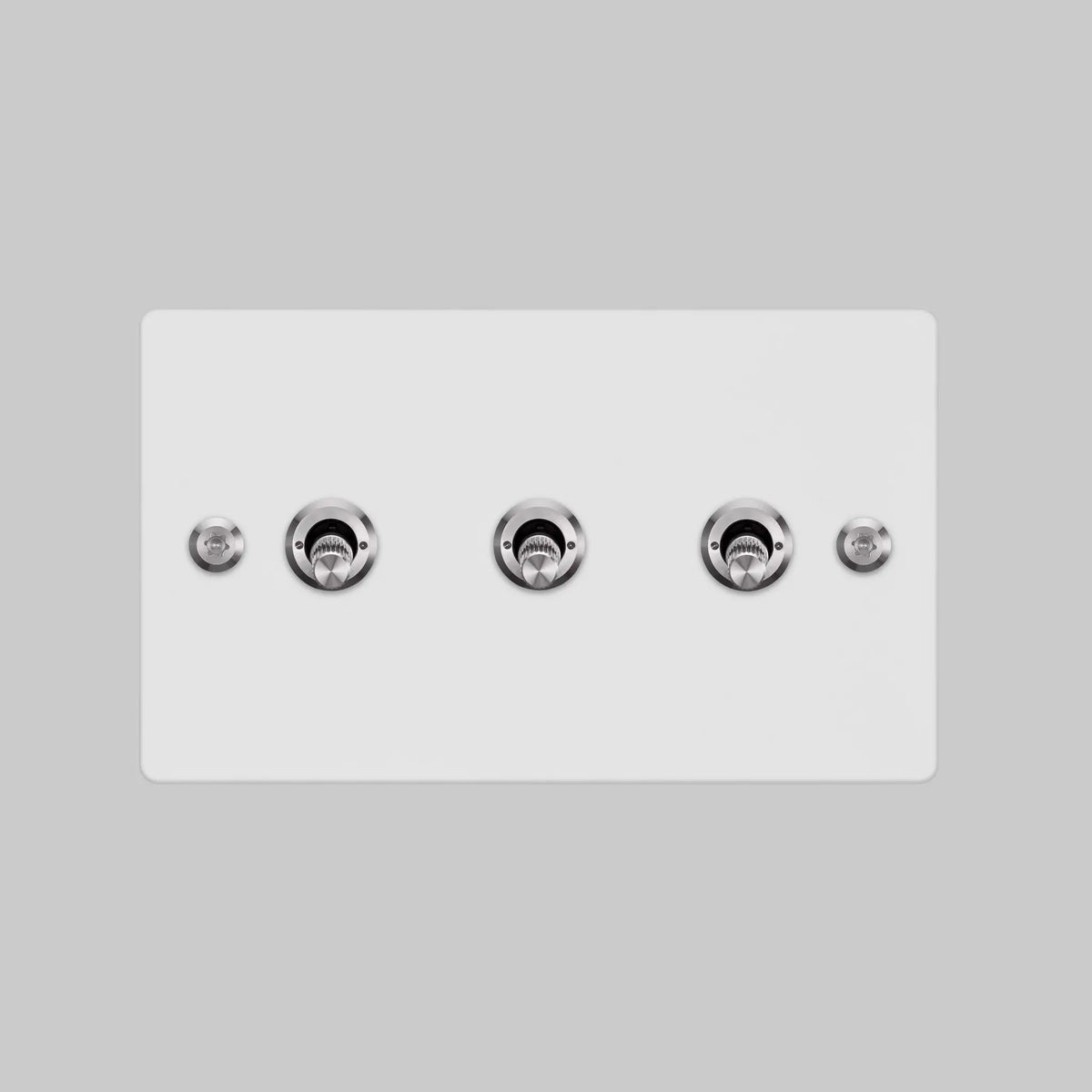 Three Gang 2 Way Light Switch in White with Steel Linear Knurled Toggles