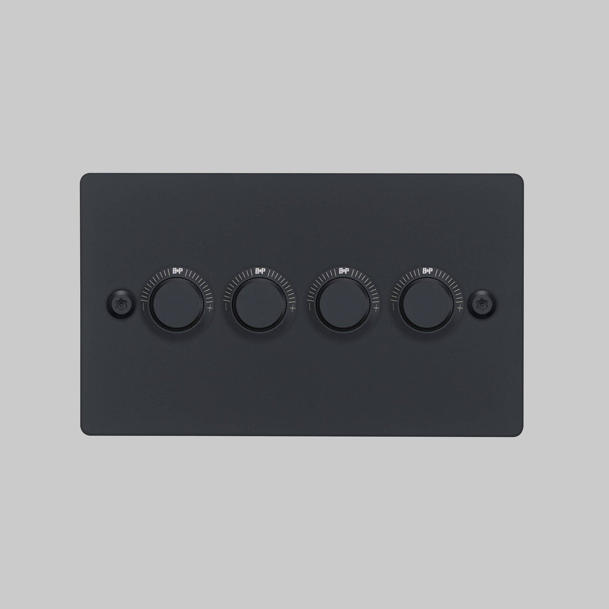 Four-gang dimmer switch in black with B+P branding