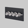 Four Gang 2 Way Dimmer Light Switch in Black with Steel Linear Knurled Knobs