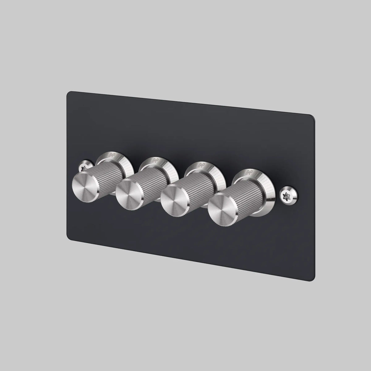 Four Gang 2 Way Dimmer Light Switch in Black with Steel Linear Knurled Knobs