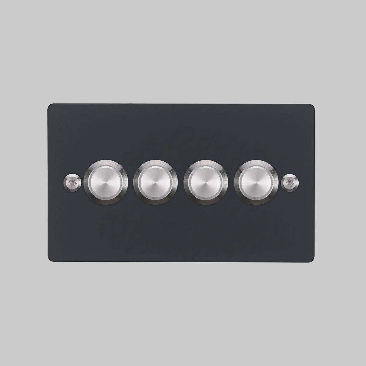 Four Gang 2 Way Dimmer Light Switch in Black with Steel Linear Knurled Knobs