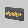Four Gang 2 Way Dimmer Light Switch in Smoked Bronze with Brass Linear Knurled Knobs