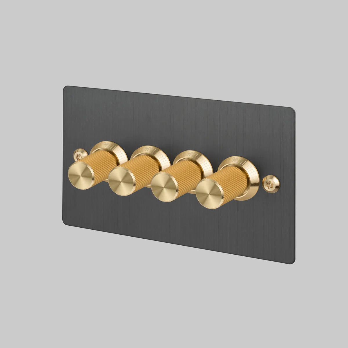 Four Gang 2 Way Dimmer Light Switch in Smoked Bronze with Brass Linear Knurled Knobs